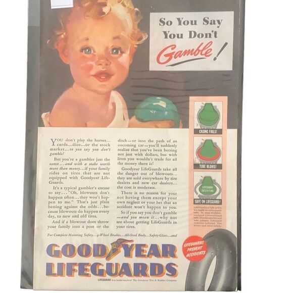 Vintage 1940 Goodyear Lifeguards Tire So You Say You Don’t Gamble Ad Advertiseme - Picture 4 of 4